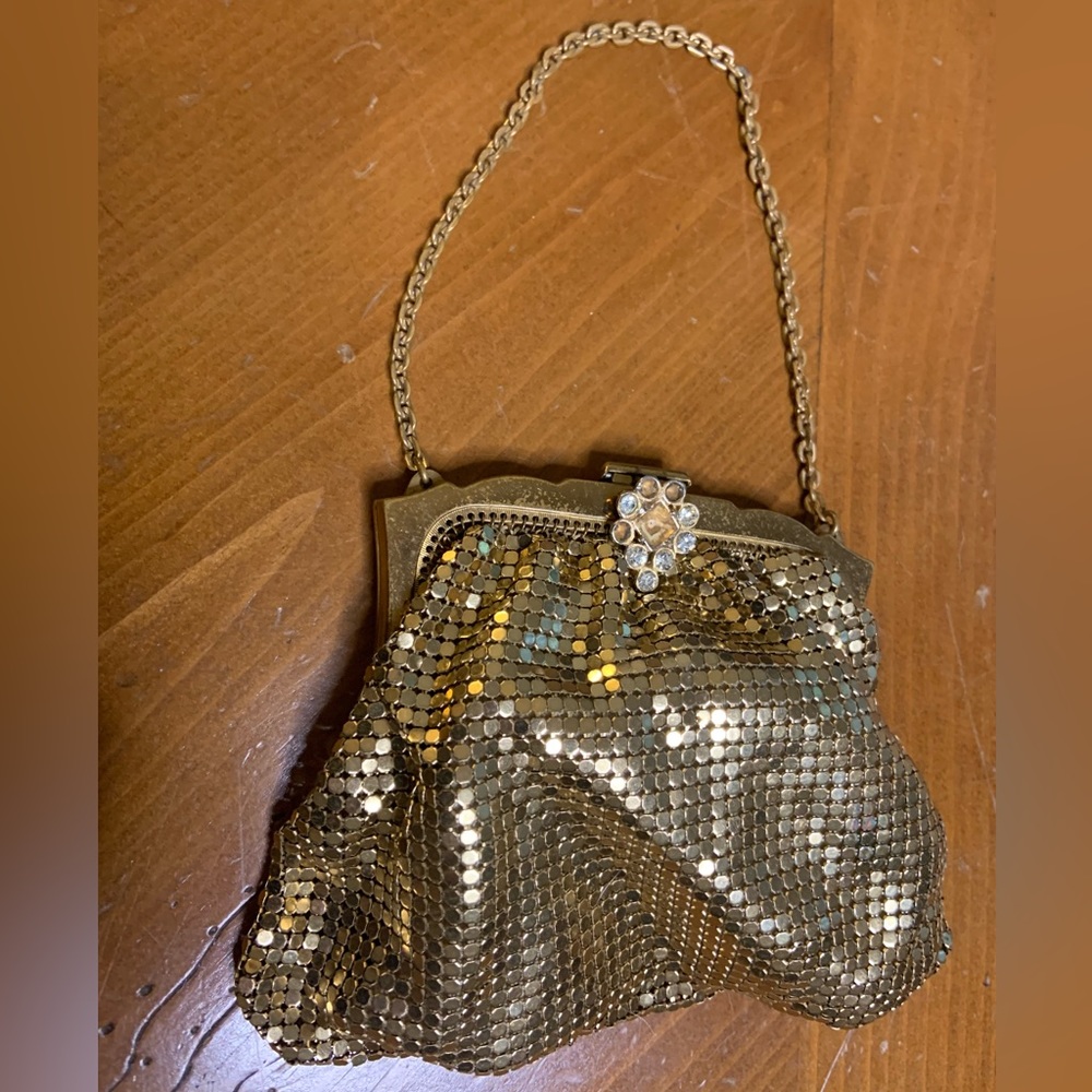 Whiting & Davis vintage gold metal-mesh evening bag. Crystal clasp closure.